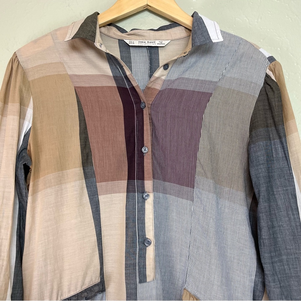 Zara Basic Dress Flannel Pattern Button Front And… - image 3